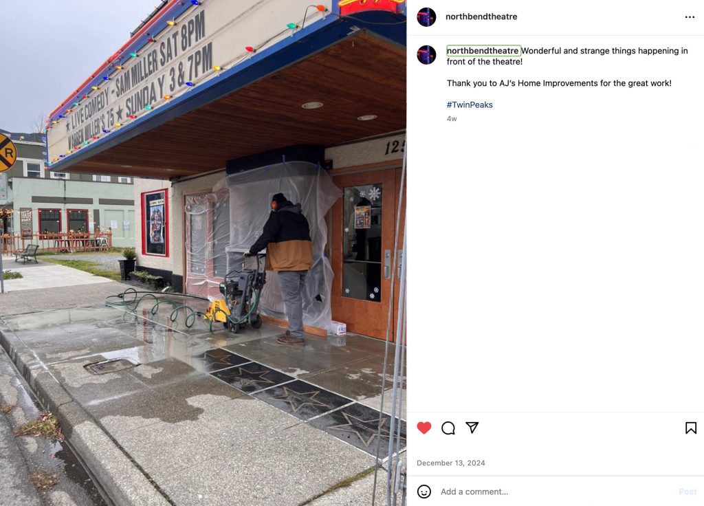 Instagram post about preparing cement area outside North Bend Theater