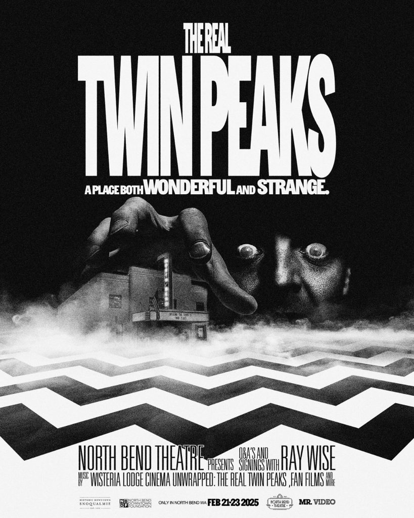 The Reat Twin Peaks Poster with the North Bend Theatre and Leland Palmer reaching out through the darkness