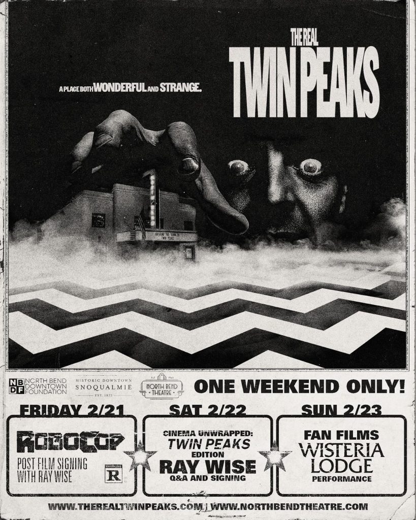 Poster for The Real Twin Peaks 2025 event with the North Bend Theatre and Leland Palmer reaching out through the darkness