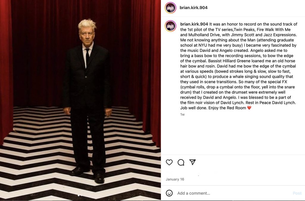 David Lynch standing in the Red Room next to Instagram post