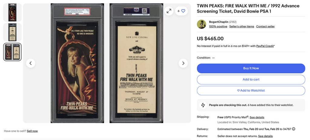 Ebay entry for advance screening ticket to Twin Peaks: Fire Walk With Me