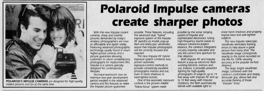 Newspaper article about Polaroid Impulse