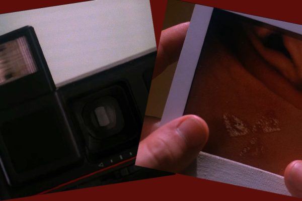 Two images of a camera flash and a person holding a Polaroid