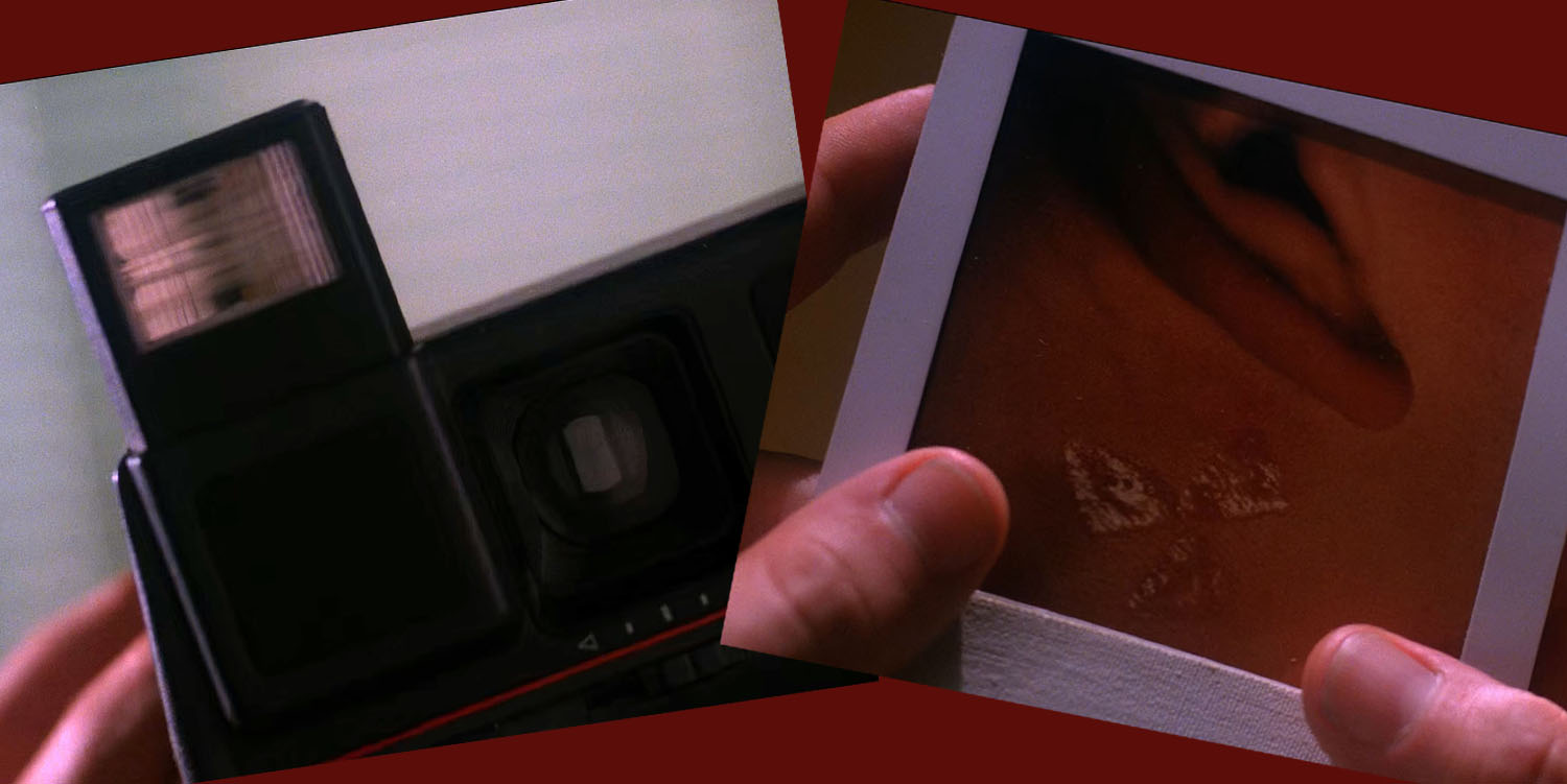 Two images of a camera flash and a person holding a Polaroid