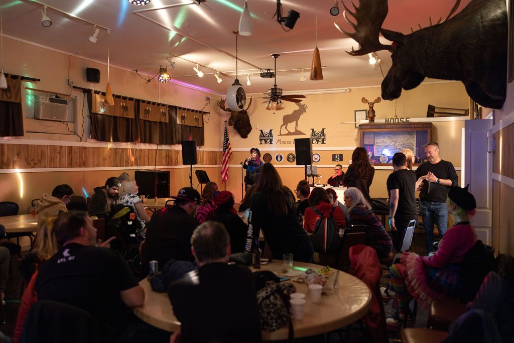 Crowd gathered to listen to karaoke