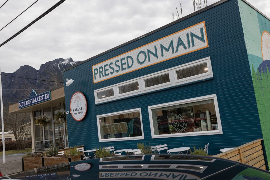 Exterior of Pressed on Main with Mount Si in the distance