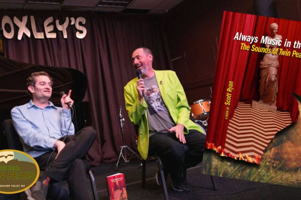 Josh Eisenstadt and Scott Ryan speaking and an image of Scott's book "Always Music in the Air"