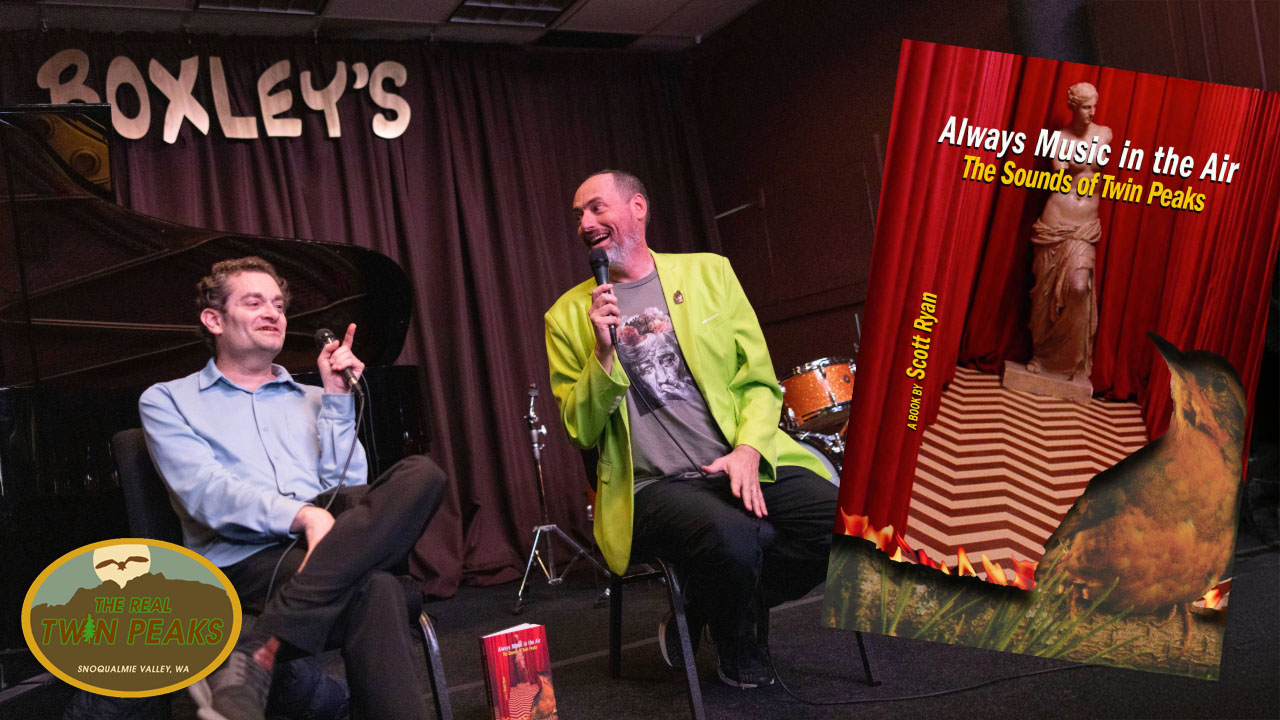 Josh Eisenstadt and Scott Ryan speaking and an image of Scott's book "Always Music in the Air"