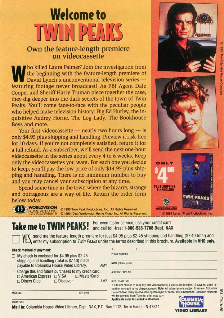 Back of Columbia House Ad for Twin Peaks with images of Leland and Laura Palmer and the Pilot VHS