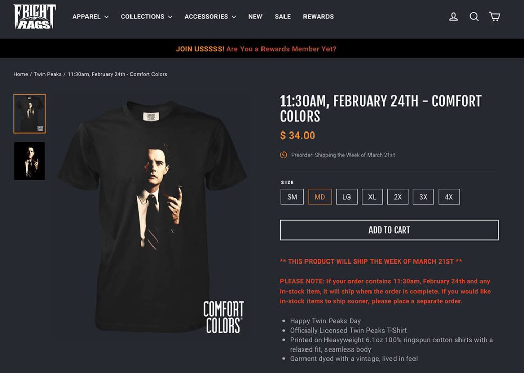 Product Page for Fright Rags with Agent Cooper holding a tape recorder t-shirt