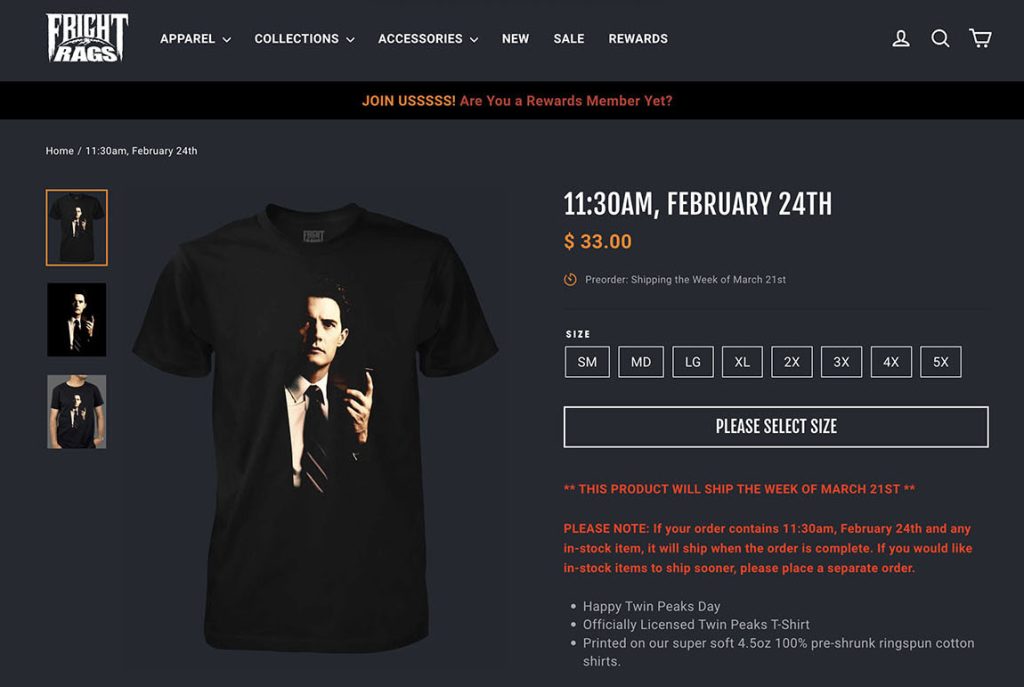 Product Page for Fright Rags with Agent Cooper holding a tape recorder t-shirt