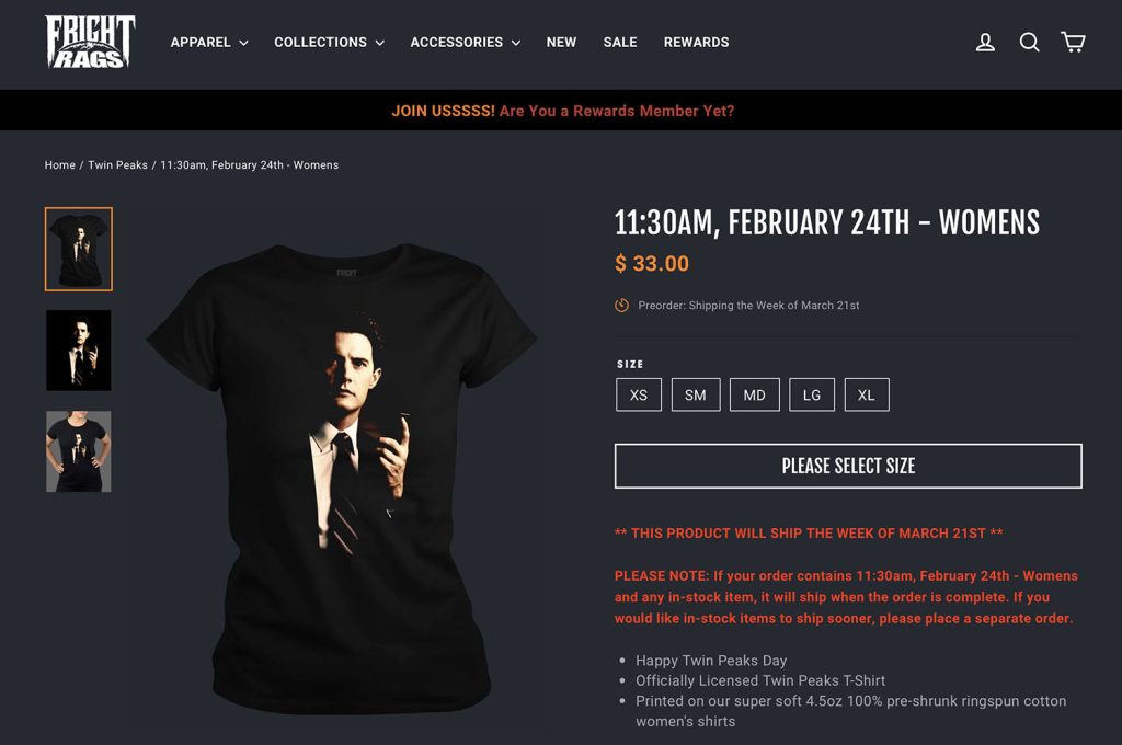 Product Page for Fright Rags with Agent Cooper holding a tape recorder t-shirt