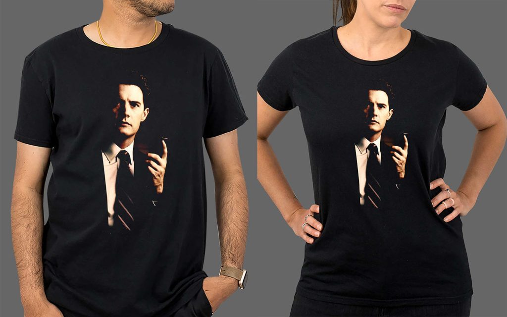 Models wearing Agent Cooper holding a tape recorder t-shirts