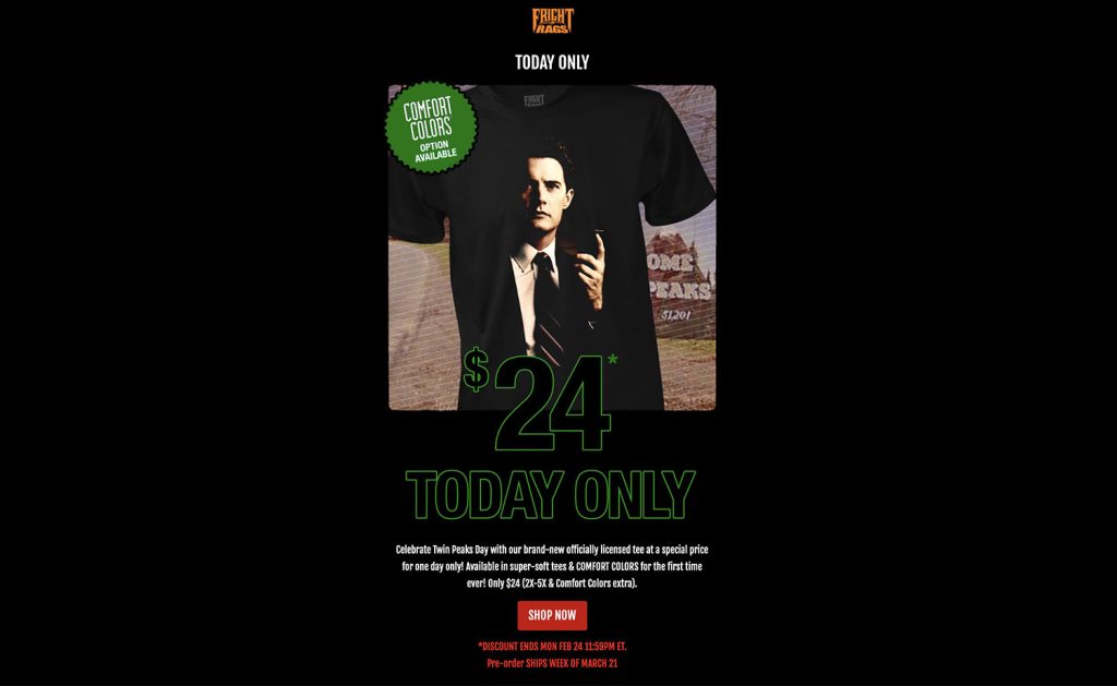 Email from Fright Rags with Agent Cooper t-shirt