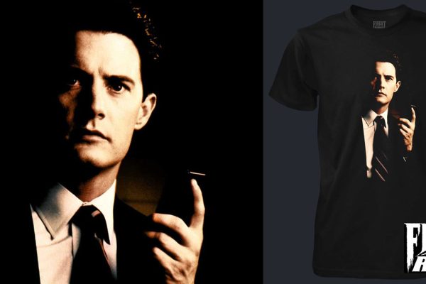 Agent Cooper holding a tape recorder and a t-shirt with Agent Cooper