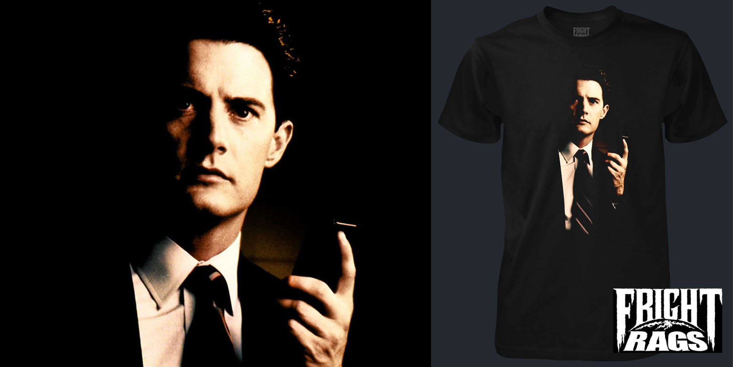 Agent Cooper holding a tape recorder and a t-shirt with Agent Cooper