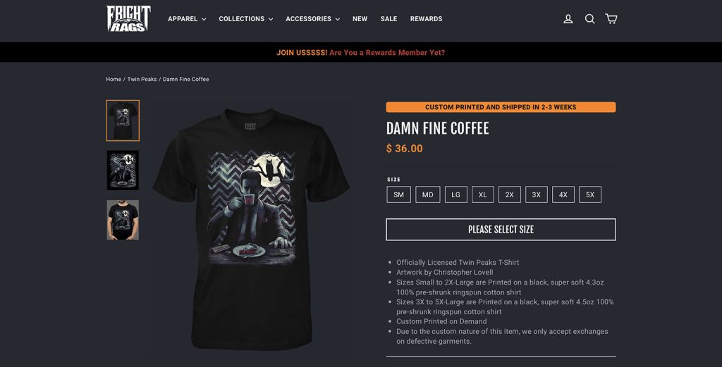 Product Page for Fright Rags with Agent Cooper t-shirt