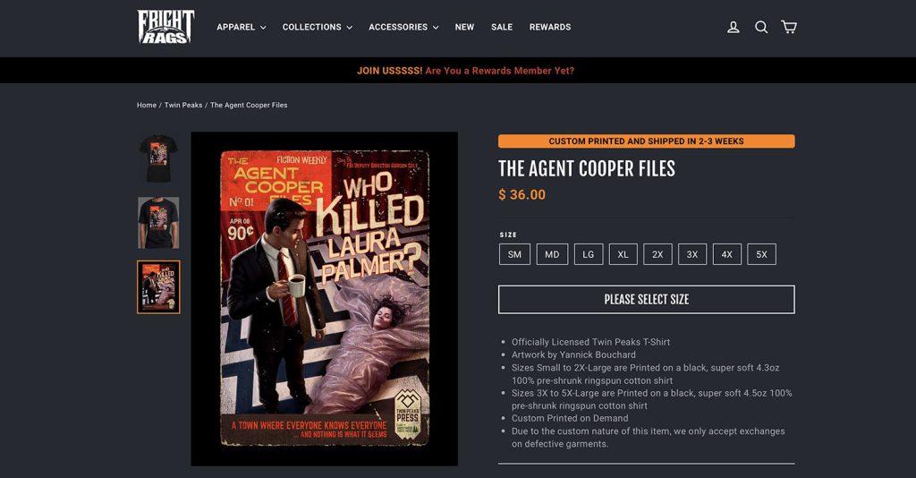 Product Page for Fright Rags with Agent Cooper t-shirt