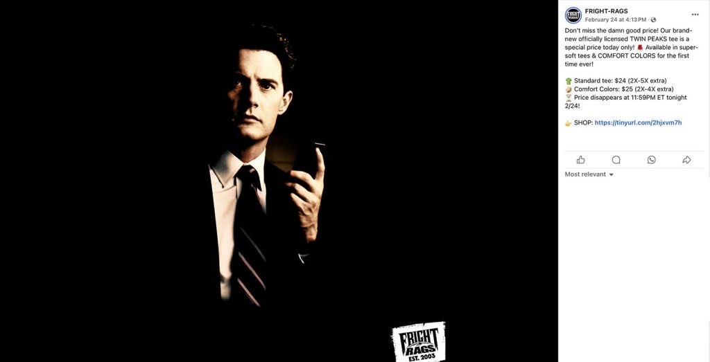 Facebook post for Fright Rags with Agent Cooper t-shirt