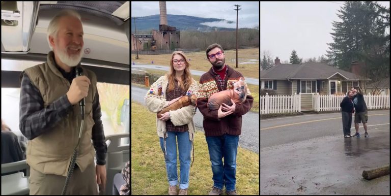 Steven giving bus tour, two people dressed as Log Lady by mill, outside Hurley House