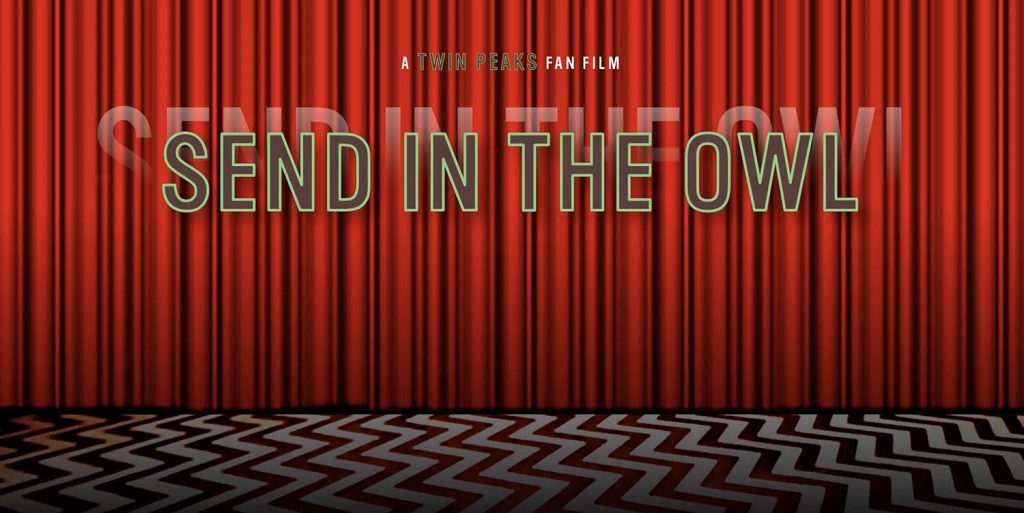 Send In the Owl logo with red drapes and black and white chevron floor pattern