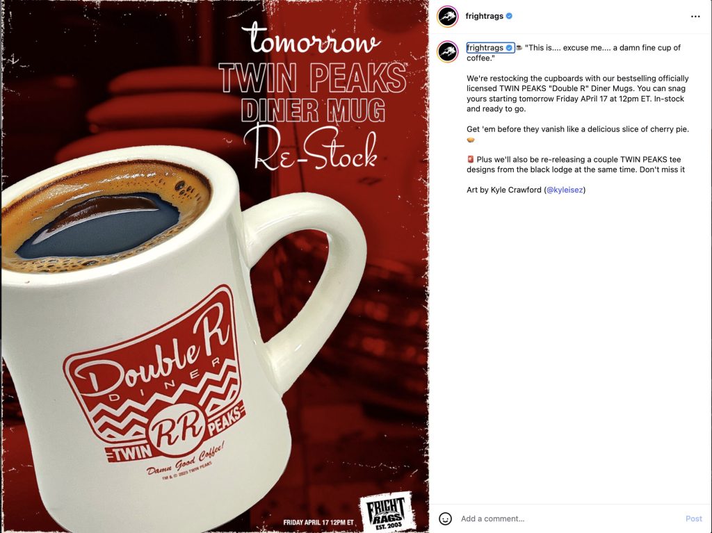 Fright-Rags Instagram post about mug re-stock