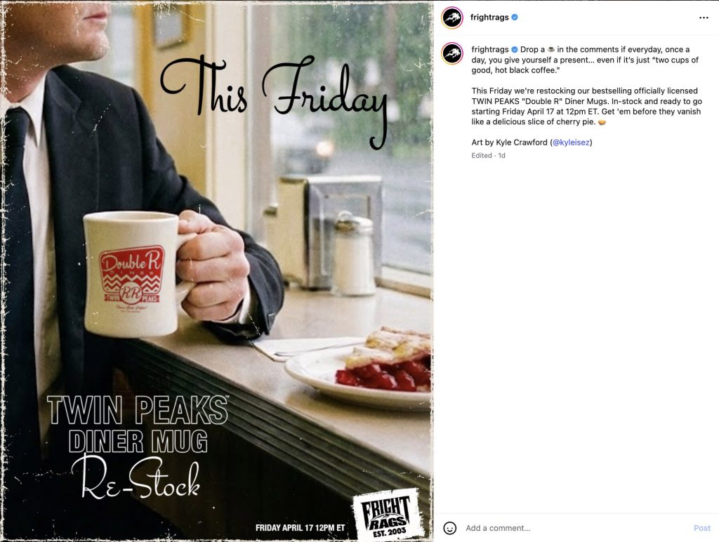Fright-Rags Instagram post about mug re-stock