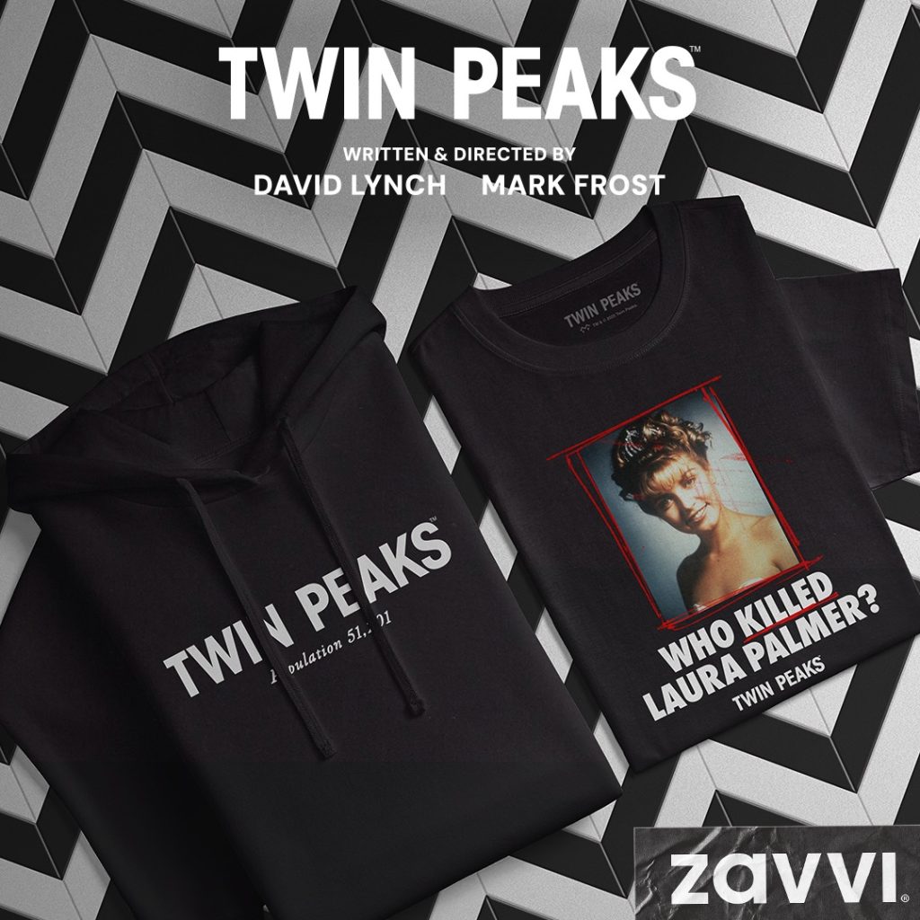 Two Twin Peaks shirts displayed against the chevron floor