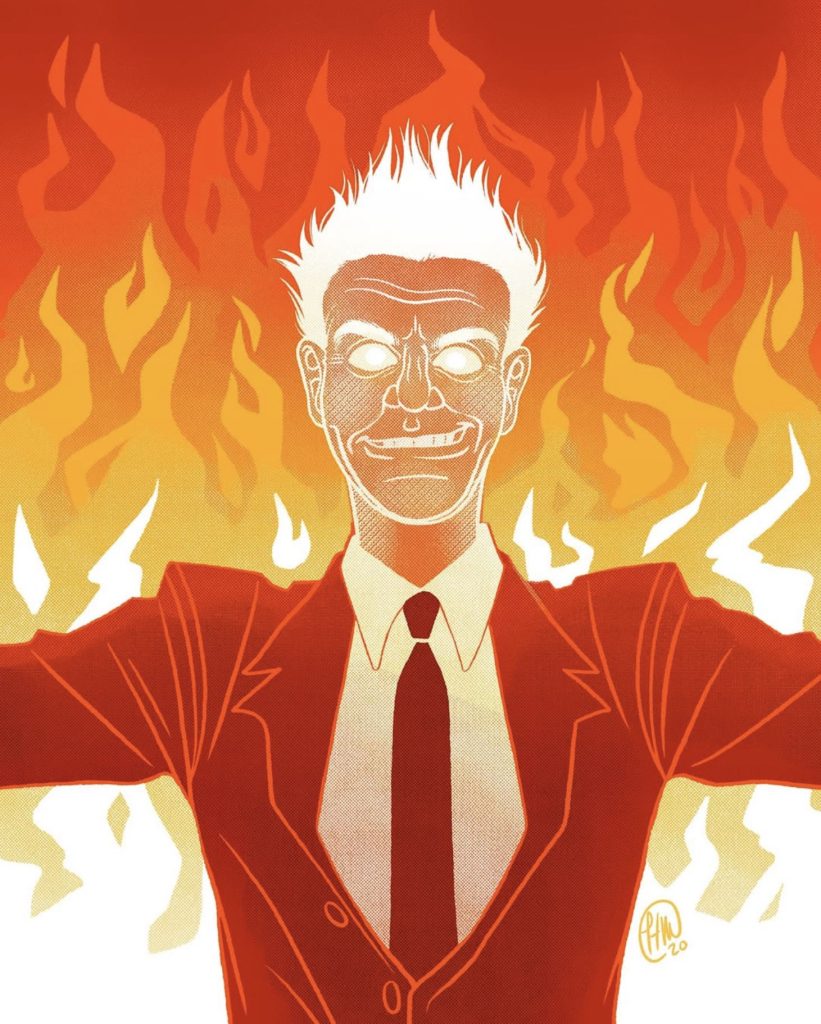 Leland Palmer in front of flames
