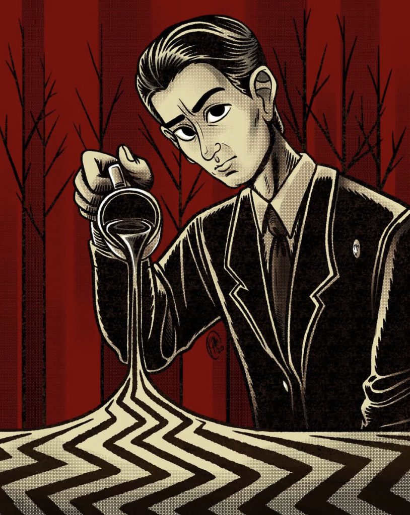 Special Agent Dale Cooper in the Red Room pouring coffee