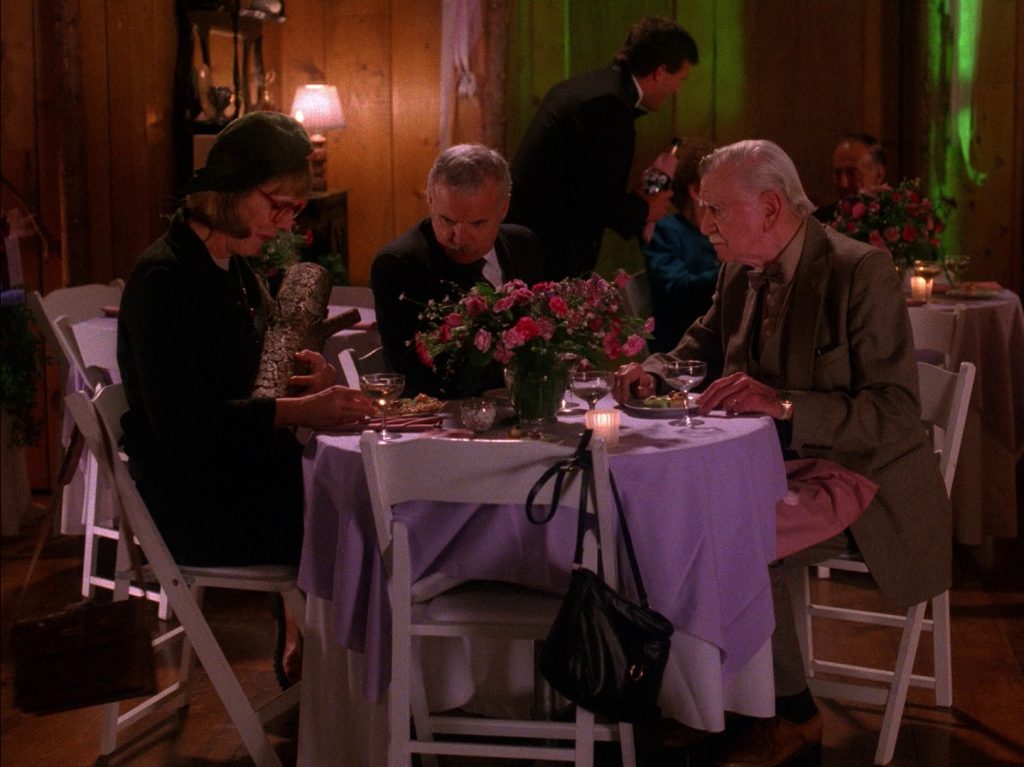 The Log Lady, Pete Martell and Dougie Milford at a wedding reception