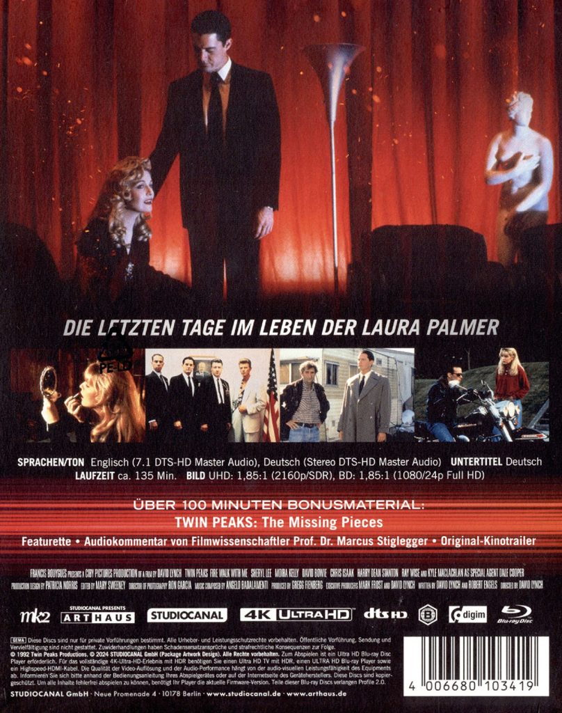 Back cover of Artwork for Blu-ray disc for David Lynch's "Twin Peaks Fire Walk With Me" 4K UHD Steelbook