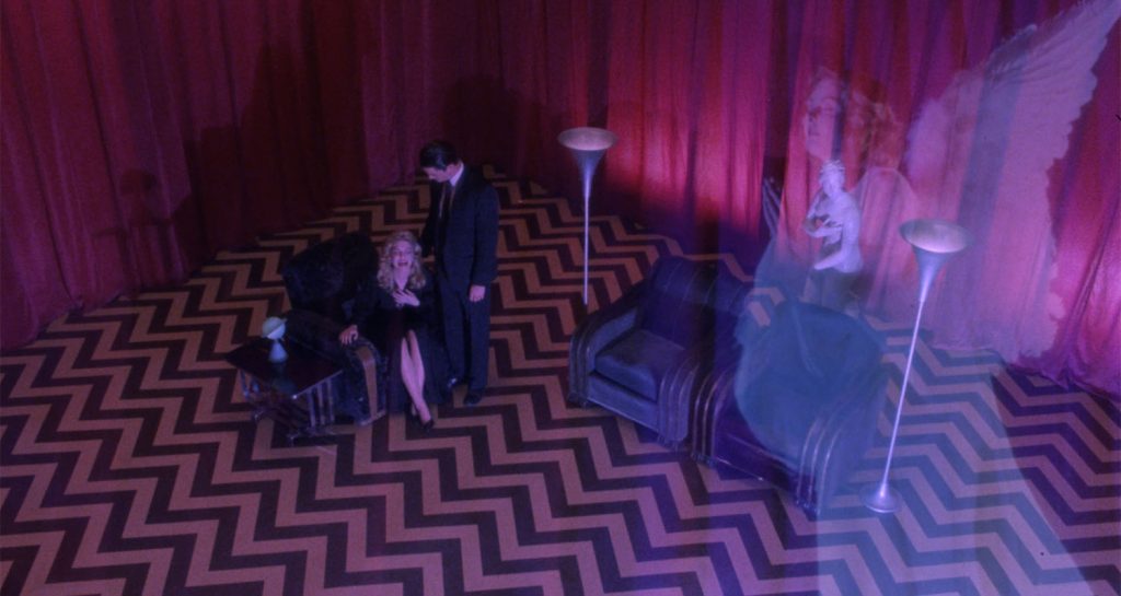 Agent Cooper and Laura Palmer in the Red Room with a floating angel