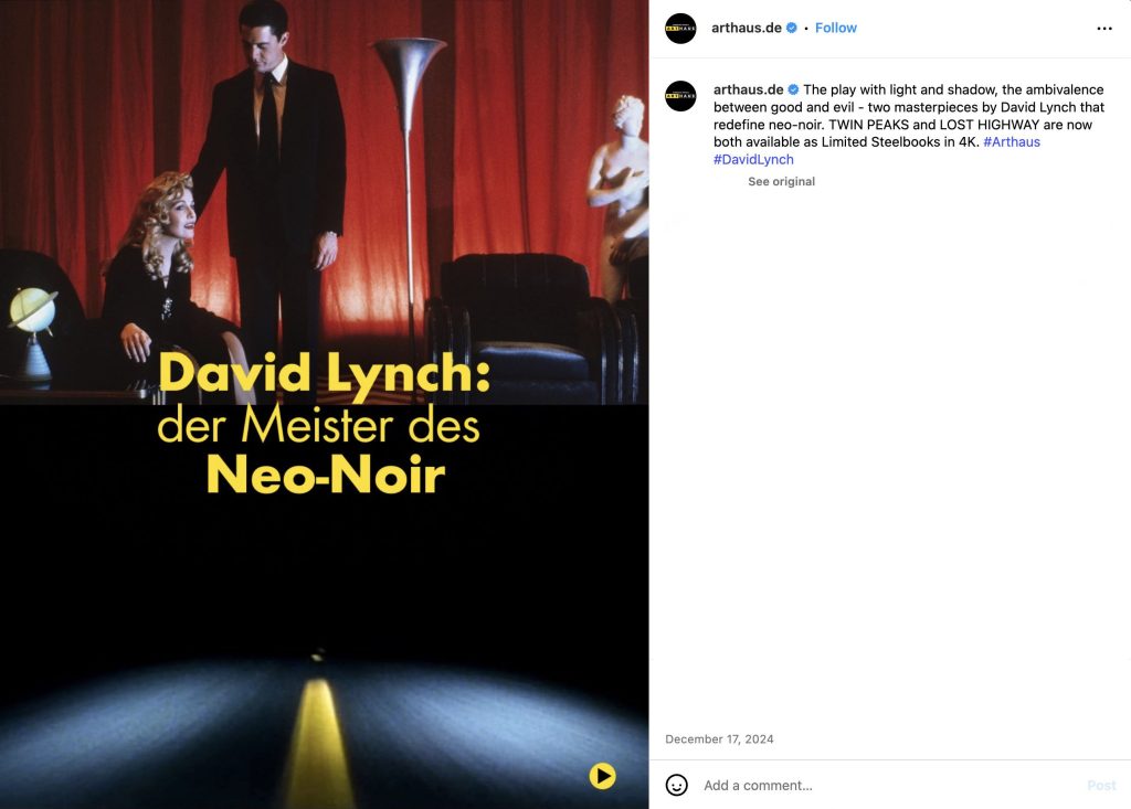 Instagram post about David Lynch's "Twin Peaks: Fire Walk With Me" and "Lost HIghway"