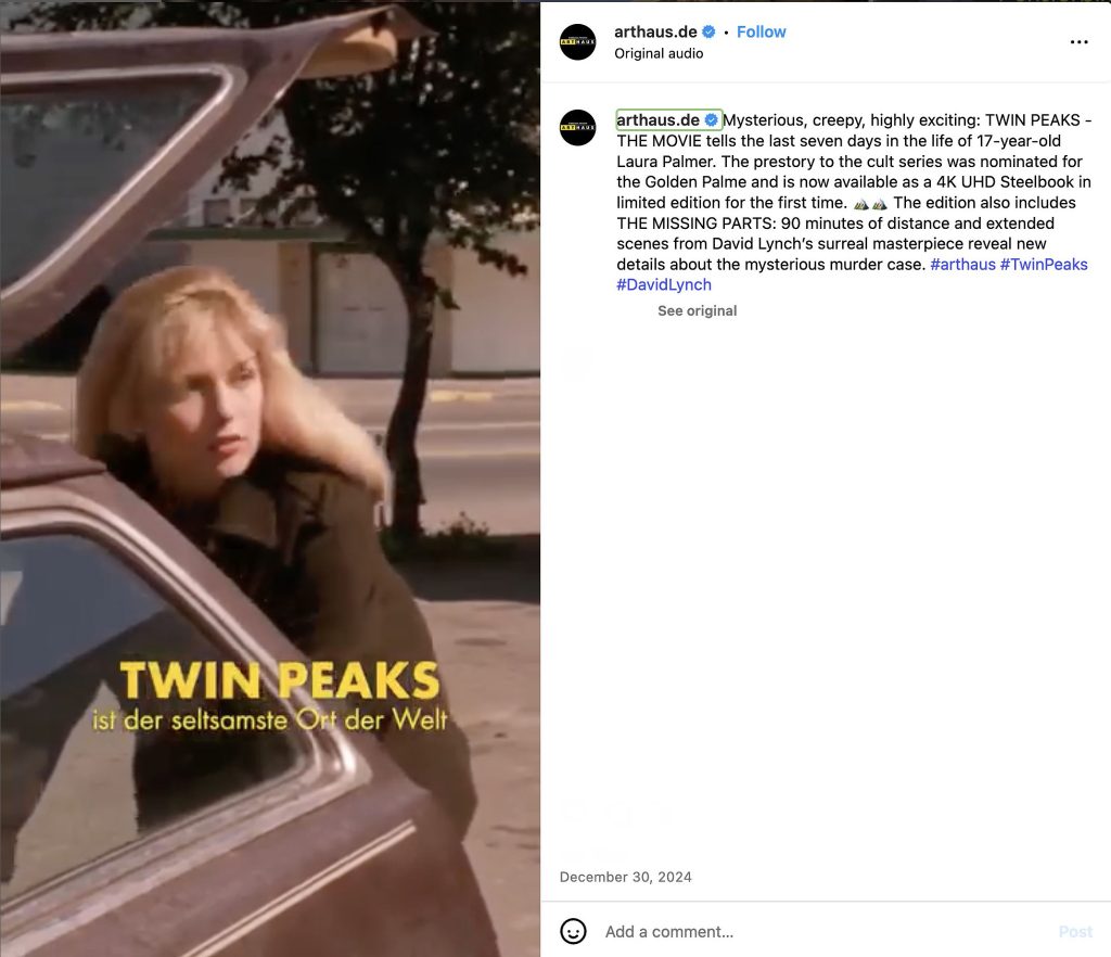 Instagram post about David Lynch's "Twin Peaks: Fire Walk With Me"