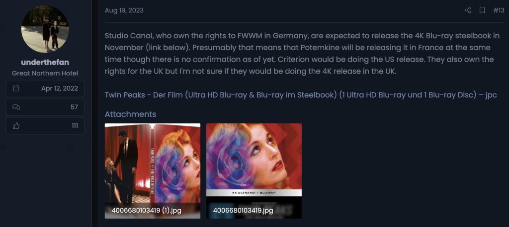 Tulpa Forum post about Twin Peaks: Fire Walk With Me, 4K UHD Steelbook