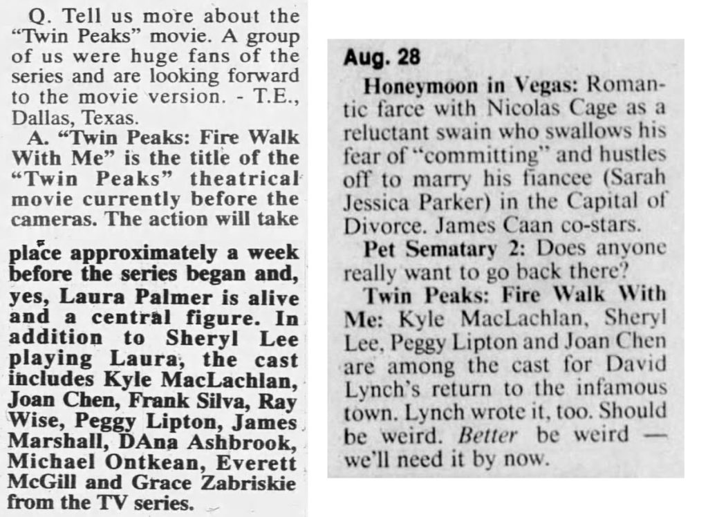 Newspaper clippings about Twin Peaks: Fire Walk With Me