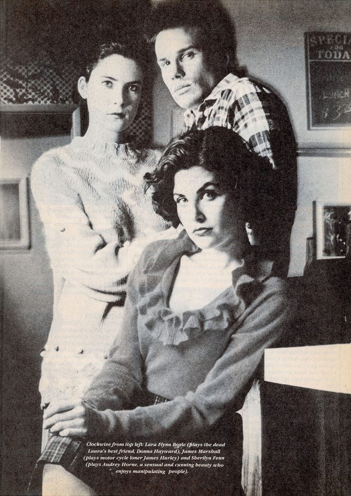 Black and white image of Donna Hayward, James Hurley and Audrey Horne at the Double R Diner