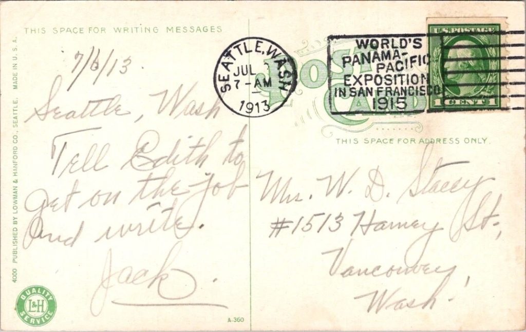 Back of postcard from 1913