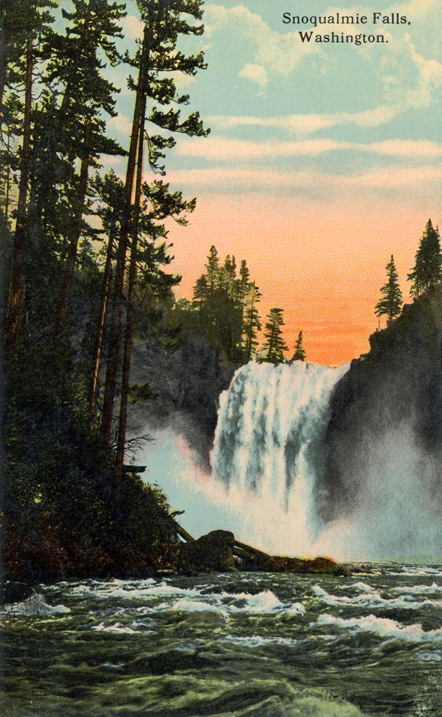 Postcard of Snoqualmie Falls at sunrise