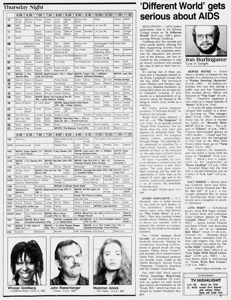 Newspaper article with television listings and previews of shows
