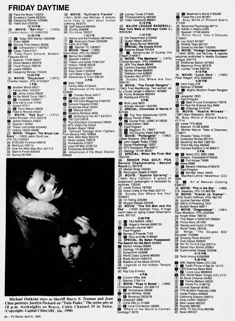 Television listings with image of Joan Chen and Michael Ontkean
