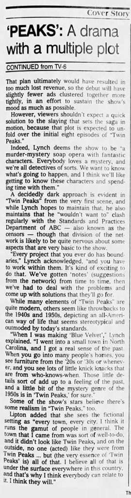 Newspaper article about Twin Peaks