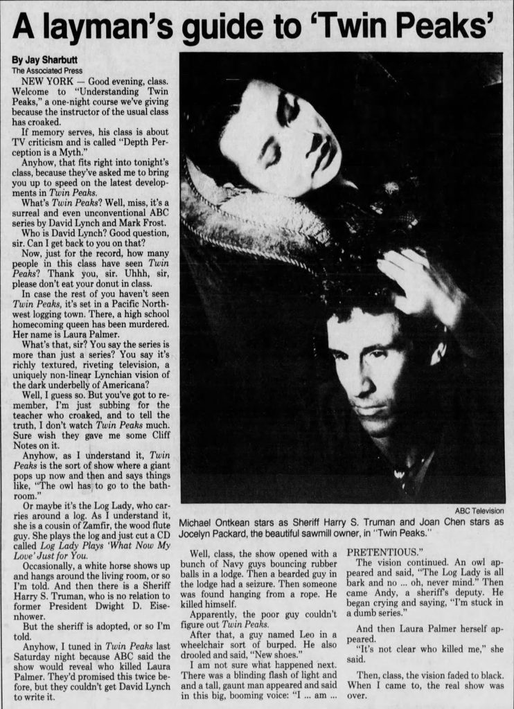 Newspaper article about Twin Peaks with image of Joan Chen and Michael Ontkean