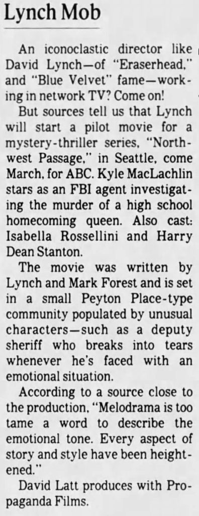 Article about David Lynch and creating Northwest Passage