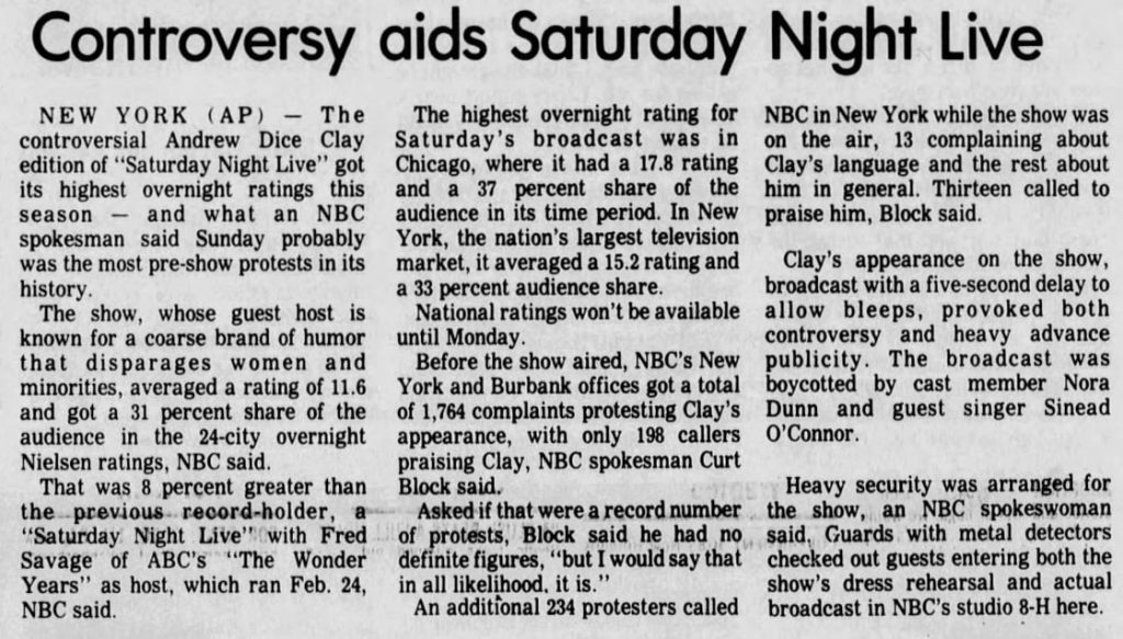 Newspaper article about Saturday Night Live