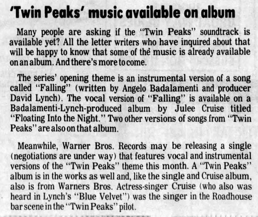 Newspaper article about Twin Peaks music