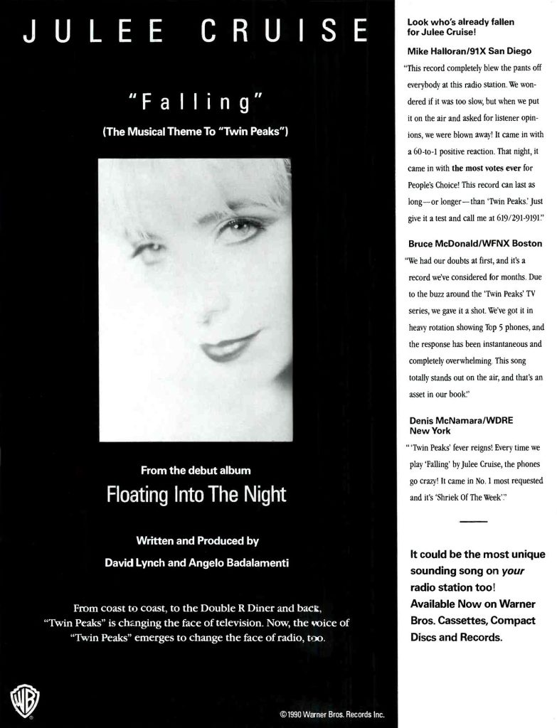 Advertisement for "Falling" with a photo of Julee Cruise