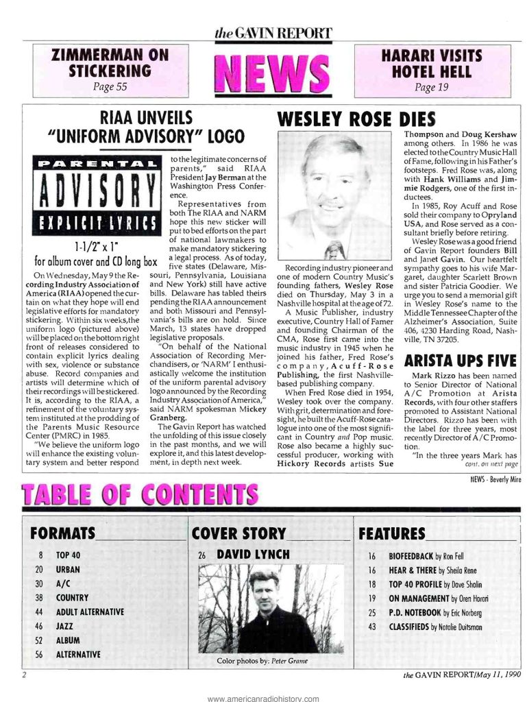 Table of contents for The Gavin Report, May 11, 1990