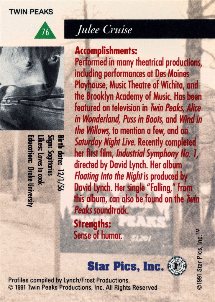Back of Julee Cruise Star Pics trading card